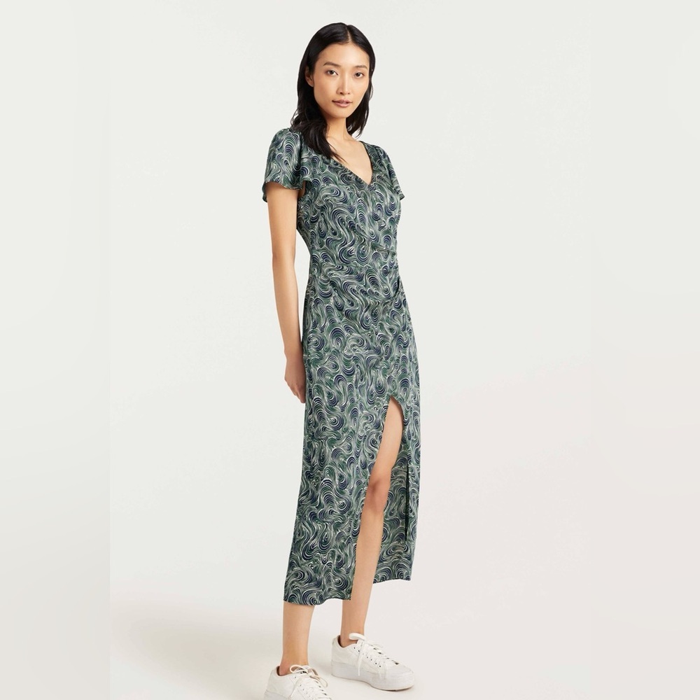 Cinq a Sept Green Sheath Midi Dress with Flutter Sleeves - Picture 2 of 8